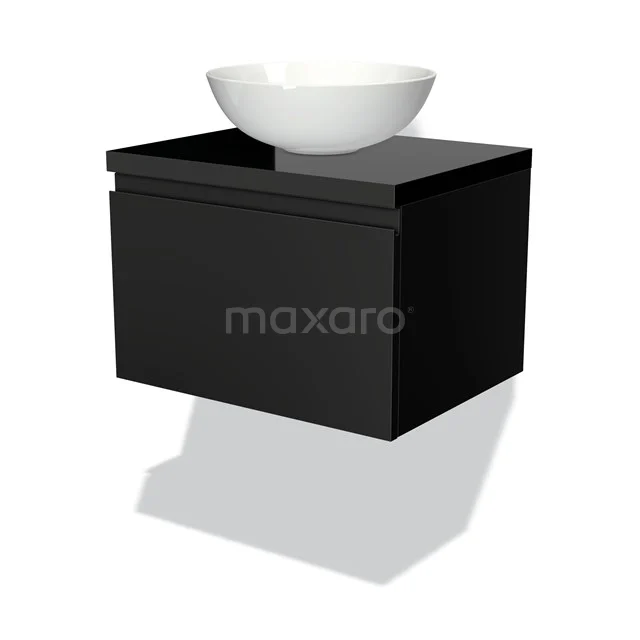 Schwarzes Holz-Badmöbel mit einem weißen keramischen Aufsatzwaschbecken, kompaktes Design ideal für moderne Bäder.