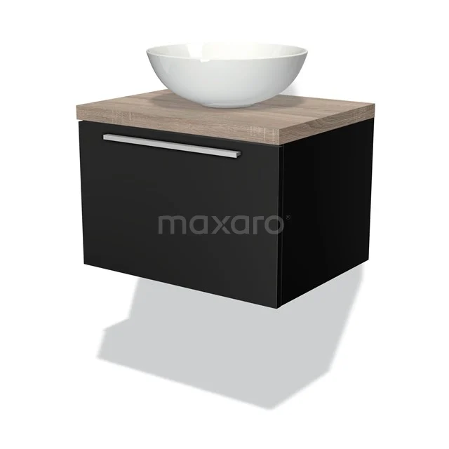 Waschtischunterschrank mit Konsole 60cm Modulo Plato Matt Schwarz 1 Schublade Flache Platte aus Eiche BMK11-00144 Zweites Badezimmermöbel Schwarz mit Holzlook Platte, weiße Aufsatz Waschbecken, moderne Ausstrahlung, ideal für kleine Bäder.