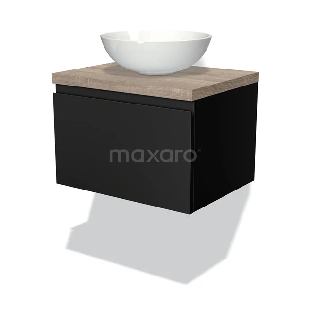 Schwarzes schwebendes Badmöbel mit Holzlook Platte und weißem runden keramischen Aufsatzwaschbecken, ideal für einen modernen Badezimmerstil.