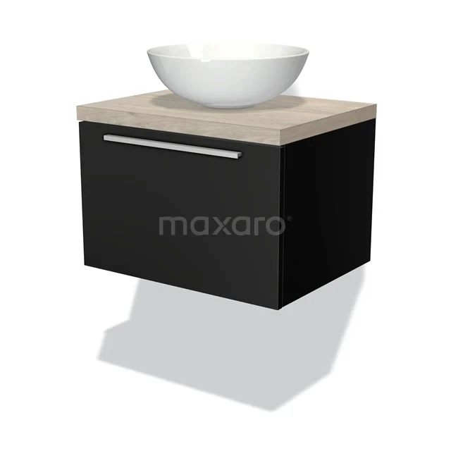 Schwarzes Badmöbel mit Holzlook Platte und runder weißer Aufsatzwaschbecken, modernes Design für ein stilvolles Badezimmer.