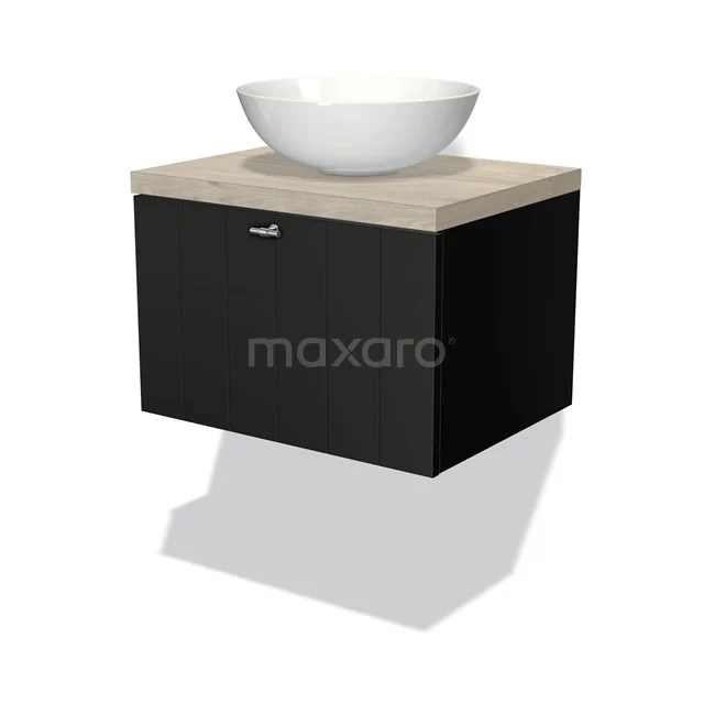 Modulo Plato Vanity units for countertop basin | 60 cm Matte black Slat front Light grey oak worktop 1 drawer BMK11-00148 Black floating bathroom unit with white countertop basin and beige wood-look worktop, ideal for a modern bathroom style.