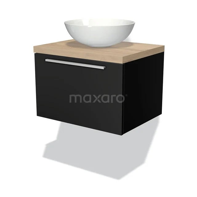 Badmöbel für Aufsatzwaschbecken 60cm Modulo Plato Matt Schwarz 1 Schublade Flach Hellbraune Eiche Platte BMK11-00150 Schwarzer Badschrank mit Eichenplatte und weißem Aufsatzwaschbecken, schwebendes Design aus moderner Möbelserie.