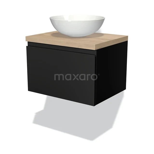 Zwarte hangende badkamermeubel met houten blad en witte ronde wastafel, stijlvol en compact ontwerp voor moderne badkamers.