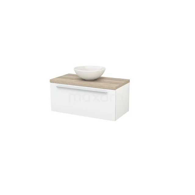 White hanging bathroom unit with wood-look worktop, ceramic round countertop wash basin and modern drawers, ideal for a stylish bathroom.