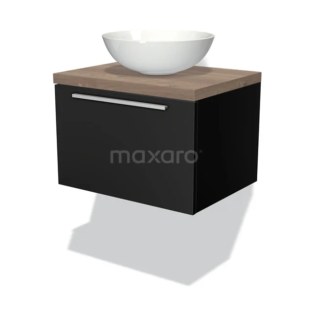 Schwarzes Holz Badezimmermöbel mit Schublade, weißer keramischer komfömiger Waschbecken und Eichenholzplatte, modernes und kompaktes Design.