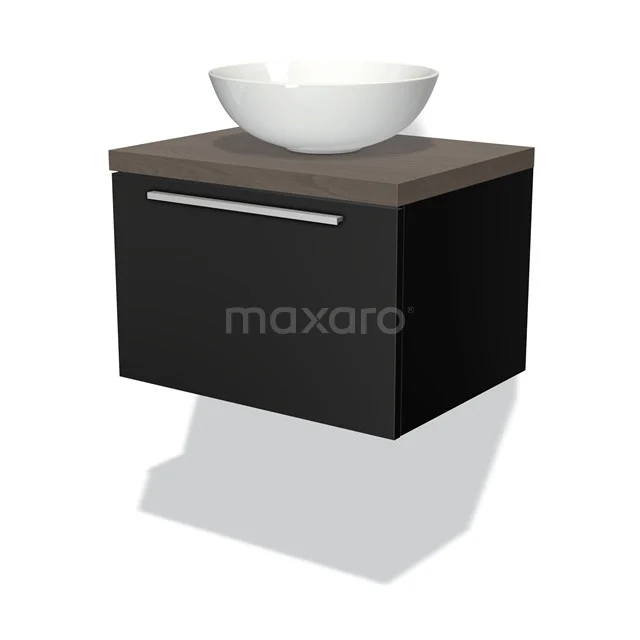 Modulo Plato Badmöbel mit Aufsatzwaschbecken | 60 cm Matt Schwarz Flach front Dunkelbraune Eiche blatt 1 Schublade BMK11-00156 Schwarzes Holz-Badmöbel mit Waschbecken, hängendes Design, Platte in heller Holzfarbe und schlanker Schublade mit integriertem Haltegriff.