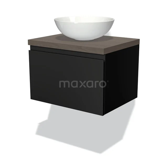 Zwart hangend badkamerkastje met houten bovenblad en witte ronde waskom, modern design, ideaal voor kleine badkamers.