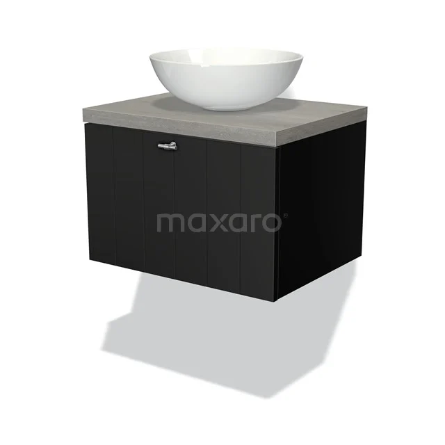 Modulo Plato Vanity units for countertop basin | 60 cm Matte black Slat front Grey oak worktop 1 drawer BMK11-00160 Black suspended bathroom unit with concrete top and white bowl-shaped vanity units with basin, modern design.