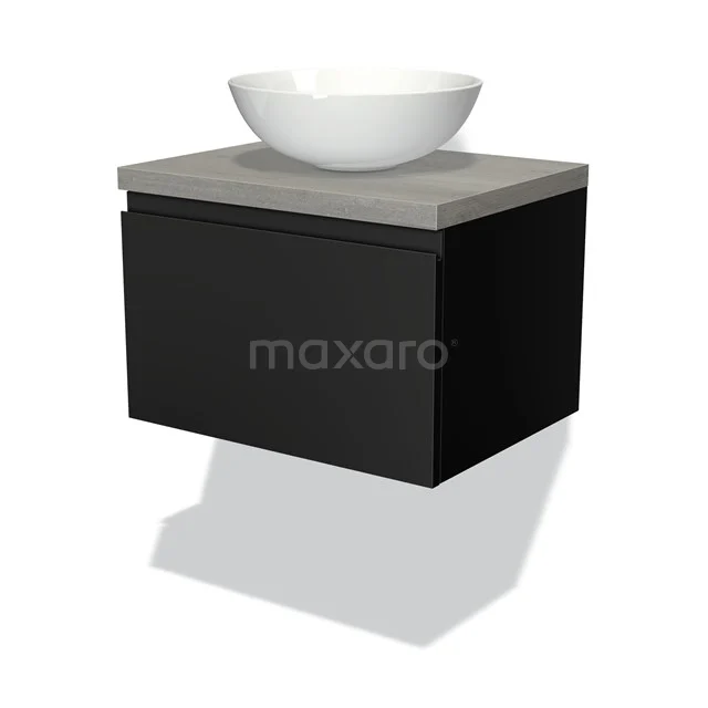 Schwarzer Badschrank mit Betongrau Platte und weißem Aufsatzwaschbecken, Wandmodell, ideal für moderne Badezimmergestaltung.