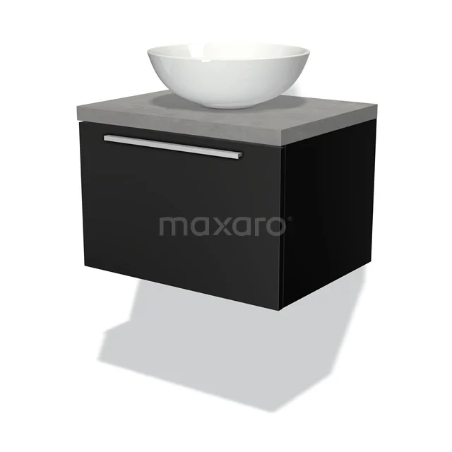 Badmöbel für Aufsatzwaschbecken 60cm Modulo Plato Matt Schwarz 1 Schublade Flach Hellgrauer Beton Platte BMK11-00162 Schwarzes hängendes Badmöbel mit Beton Platte und weißem Aufsatzwaschbecken; straffes Design für moderne Bäder.