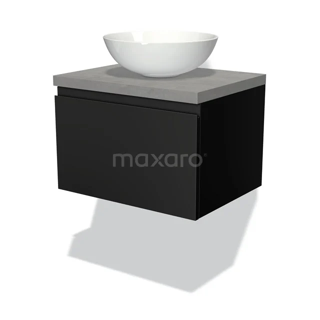 Badmöbel für Aufsatzwaschbecken 60cm Modulo Plato Matt Schwarz 1 Schublade grifflos hellgrauer Beton Platte BMK11-00164 Schwarzes Badmöbel mit Beton-Look Platte und weißem komfömigen Waschbecken, modernes Design für stilvolle Bäder.