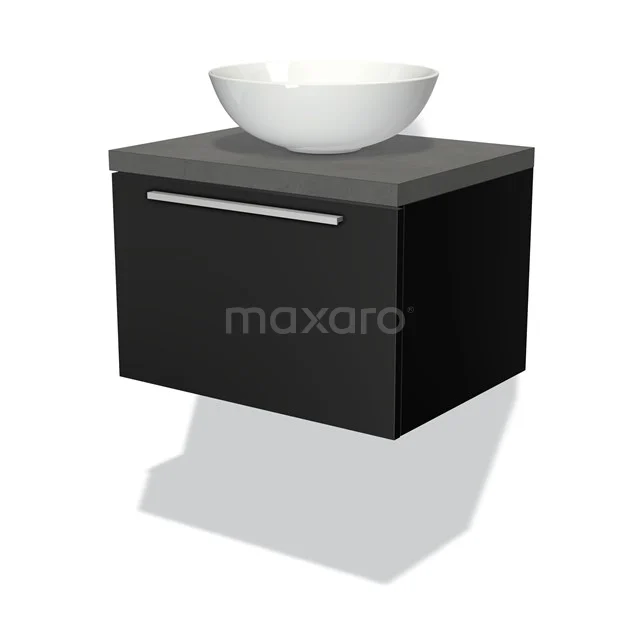 Schwarze Badmöbelset mit grauer Platte und weißem keramischen Aufsatzwaschbecken, modernes schwebendes Design mit verchromtem Haltegriff.