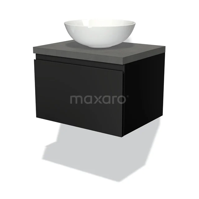 Schwarzer hängender Badschrank mit grauer Waschtischplatte und weißem Aufsatzwaschbecken, modernes Design geeignet für stilvolle Bäder.