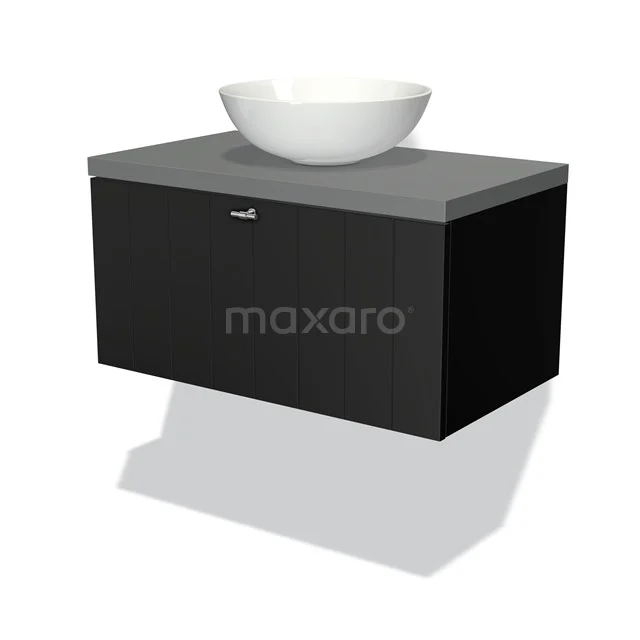 Black vanity unit set with grey worktop, modern style, with white basin bowl for stylish bathroom decor.