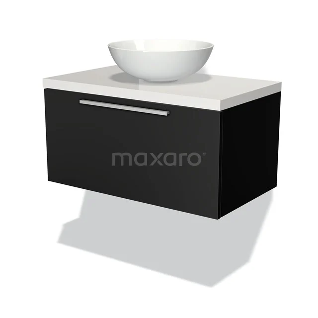 Badmöbel für Aufsatzwaschbecken 80cm Modulo Plato Matt Schwarz 1 Schublade Flach Hochglanz Weiß Platte BMK11-00171 Schwarzes hängendes Badezimmermöbel mit weißem Aufsatzwaschbecken, moderne Ausstrahlung und schlankem Design, ideal für ein zeitgemäßes Badezimmer.