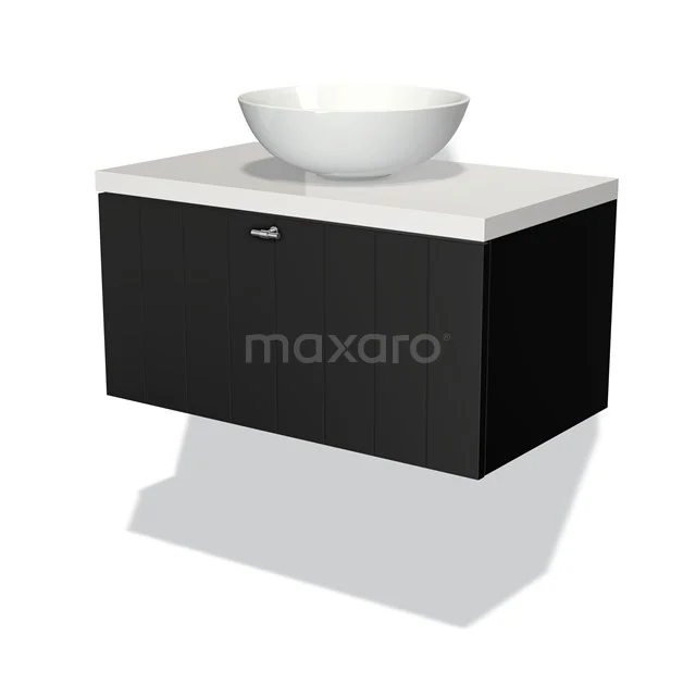 Black wooden Bathroom unit with white basin, sleek design, ideal for a modern bathroom design.