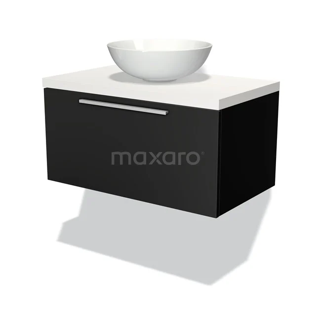 Waschtischunterschrank mit Konsole 80cm Modulo Plato Matt Schwarz 1 Schublade Flach Matt Weiß Platte BMK11-00174 Schwarzes hängendes Waschtisch mit weißem Aufsatzwaschbecken, modernes Design, ideal für eine stilvolle Badezimmer Einrichtung.