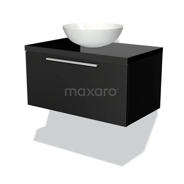 Waschtischunterschrank mit Konsole 80cm Modulo Plato Matt Schwarz 1 Schublade Flach Hochglanz Schwarz Platte BMK11-00180 Schwarzer Badschrank mit glänzender Oberfläche, modernem Stil, geräumiger Schublade und einem weißen keramischen Aufsatzwaschbecken obenauf.