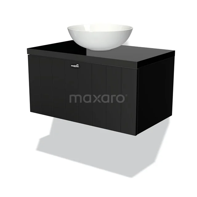 Modulo Plato Vanity units for countertop basin | 80 cm Matte black Slat front High-gloss black worktop 1 drawer BMK11-00181 Black wall closet with white round countertop wash basin, modern finish, ideal for stylish bathroom design.