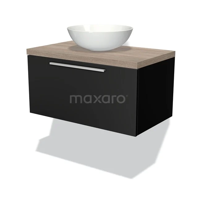 Schwarzer Badschrank mit Holzplatte und weißem Waschbecken, modernes Design, ideal für eine stilvolle Badezimmer Einrichtung.