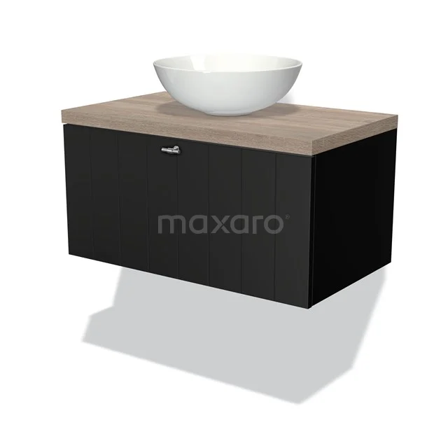 Black vanity unit with wooden worktop and white ceramic countertop wash basin, modern design for a stylish bathroom.