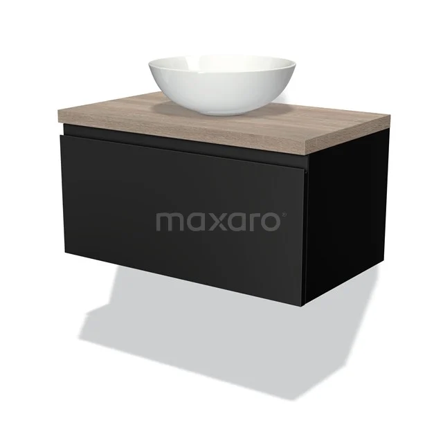 Schwarz schwebendes Badmöbel mit Holzlook Platte und weißem runden Aufsatzwaschbecken, modernes Design für ein stilvolles Badezimmer.