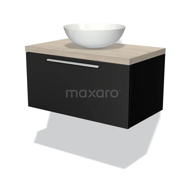Modulo Plato Badmöbel mit Aufsatzwaschbecken | 80 cm Matt Schwarz Flach front Hellgraue Eiche blatt 1 Schublade BMK11-00186 Schwarzer schwebender Badschrank mit Holzplatte und weißem Aufsatzwaschbecken; minimalistisches Design für moderne Bäder.
