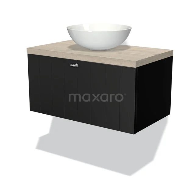 Modulo Plato Vanity units for countertop basin | 80 cm Matte black Slat front Light grey oak worktop 1 drawer BMK11-00187 Black bathroom unit with wood-look worktop and white bowl-shaped basin, modern wall unit from premium series.