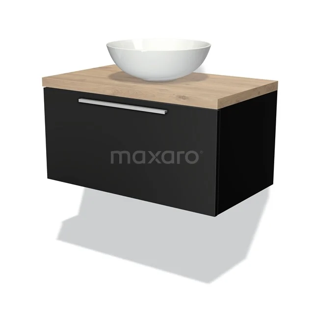 Schwarzer schwebender Badschrank mit Holzplatte und rundem weißen Aufsatzwaschbecken, modernes Design für stilvolle Badezimmergestaltung.