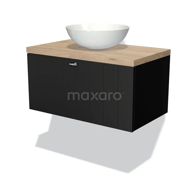 Schwarzer schwebender Badschrank mit Holzplatte, runder weißer Waschbecken und modernem Erscheinungsbild. Perfekt für stilvolle Bäder.