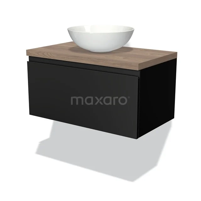 Modulo Plato Vanity units for countertop basin | 80 cm Matte black Handle-less front Mid brown oak worktop 1 drawer BMK11-00194