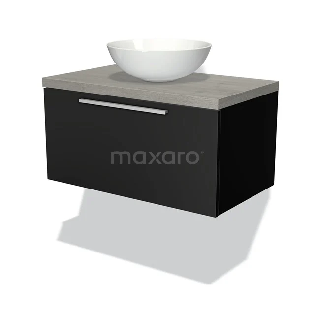 Schwarzes hängendes Badmöbel mit grauer Platte und weißem Aufsatzwaschbecken, modernes Design und geräumiger Schublade.