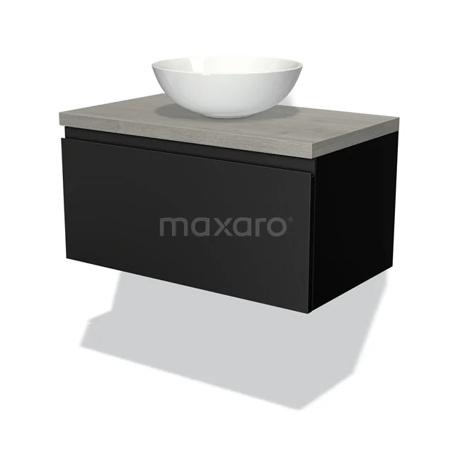 Badmöbel für Waschtischunterschrank mit Konsole 80cm Modulo Plato Matt Schwarz 1 Schublade Grifflos Graue Eiche Platte BMK11-00200 Schwarzes hängendes Badezimmermöbel mit Betonlook Platte und weißem ovalen Waschbecken, ideal für moderne Badezimmergestaltung.