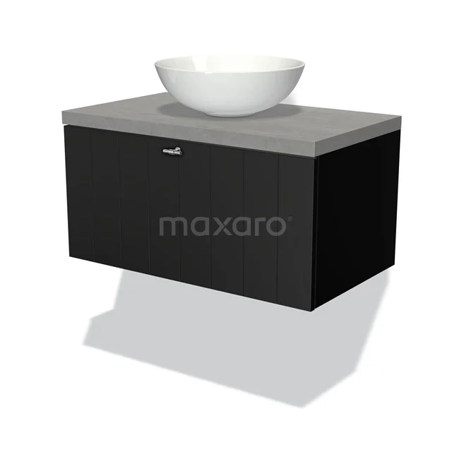Modulo Plato Vanity units for countertop basin | 80 cm Matte black Slat front Light grey concrete worktop 1 drawer BMK11-00202 Black floating bathroom cabinet with a concrete-look worktop and round white countertop wash basin, ideal for a modern bathroom style.