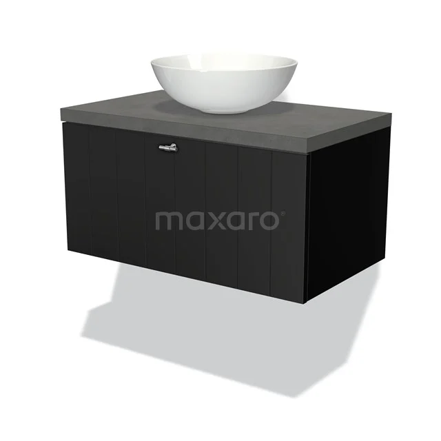 Black floating bathroom unit with grey basin worktop and modern round white vanity units for countertop wash basin, ideal for a stylish bathroom.