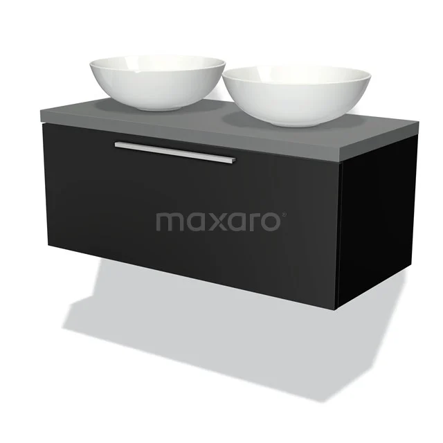 Schwarzes hängendes Badezimmermöbel mit grauer Platte, zwei weißen Aufsatzwaschbecken und integriertem Haltegriff.