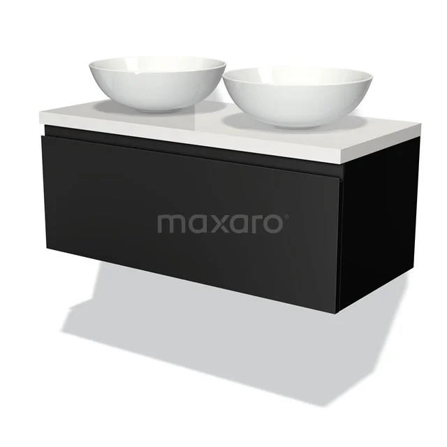 Modulo Plato Vanity units for countertop basin | 100 cm Matte black Handle-less front High-gloss white worktop 1 drawer BMK11-00212