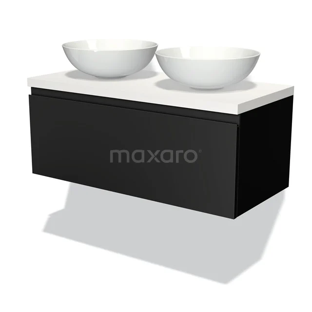 Badmöbel für Waschtischunterschrank mit Konsole 100cm Modulo Plato Matt Schwarz 1 Schublade Grifflos Matt Weiß Platte BMK11-00215 Schwarze Badmöbel mit weißen doppelten Aufsatzwaschbecken, minimalistisches Design, geeignet für moderne Bäder.