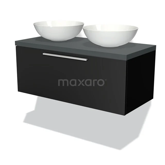 Schwarzer schwebender Badschrank mit mattem Oberfläche, Doppelwaschbecken und chromfarbigem Haltegriff, ideal für moderne Bäder.