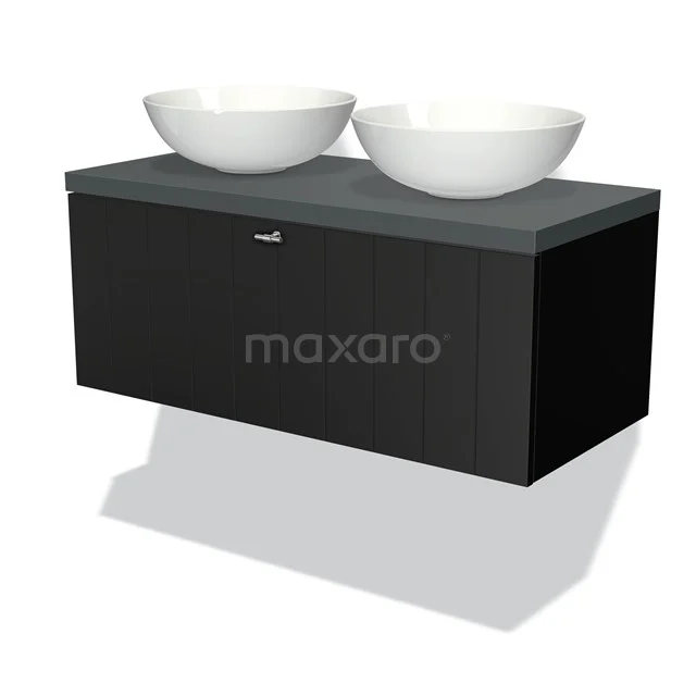 Schwarzes hängendes Badmöbelset mit grauer Platte und doppelten weißen Aufsatzwaschbecken, modernes Design für moderne Bäder.