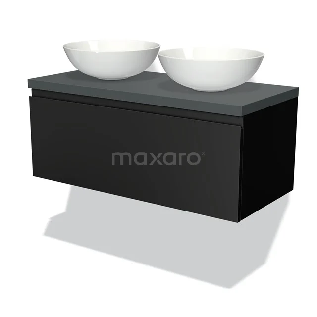 Badmöbel für Waschtischunterschrank mit Konsole 100cm Modulo Plato Matt Schwarz 1 Schublade Grifflos Dunkelgrau Platte BMK11-00218 Schwarzes schwebendes Badmöbelset mit grauer Platte und zwei runden weißen Aufsatzwaschbecken, modernes und platzsparendes Design.