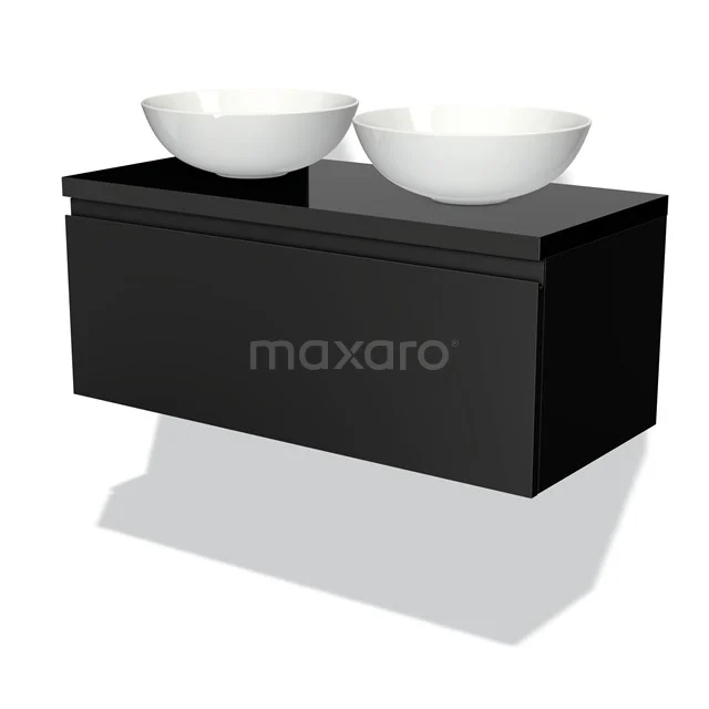 Modulo Plato Badmöbel mit Aufsatzwaschbecken | 100 cm Matt Schwarz Grifflos front Hochglanz Schwarz blatt 1 Schublade BMK11-00221 Schwarzes schwebendes Badmöbel mit doppelten weißen Aufsatzwaschbecken, moderne Ausstrahlung, ideal für eine schlichte Badezimmergestaltung.