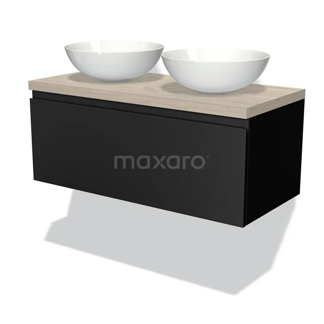 Schwarze Badmöbelset mit Holzoptik-Platte und zwei weißen Aufsatz-Waschbecken, modernes Design für ein stilvolles Badezimmer.