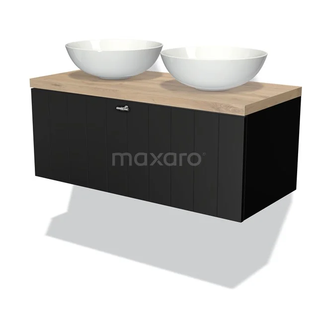 Blackwood bathroom unit with two white countertop wash basins and oak worktop, modern design for stylish bathrooms.