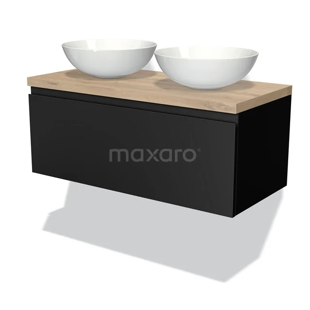 Schwarz schwebendes Badezimmermöbel mit Holzlook Platte und doppelten weißen Schalen, modernes Design für stilvolle Badezimmergestaltung.