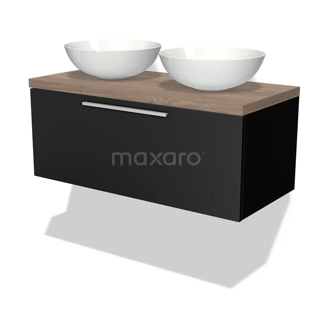 Modulo Plato Vanity units for countertop basin | 100 cm Matte black Flat front Mid brown oak worktop 1 drawer BMK11-00231