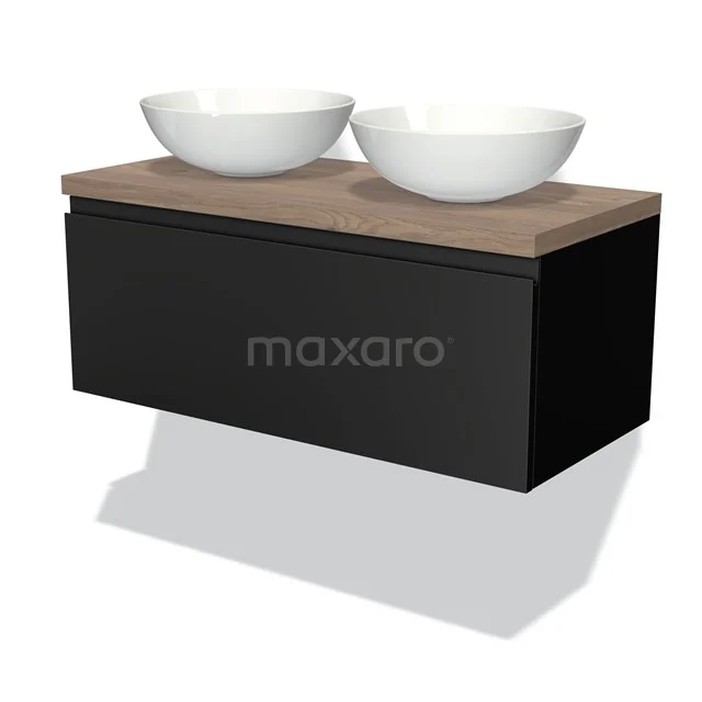 Schwarze Badmöbel mit Holzplatte und zwei weißen Waschbecken, elegantes Design, ideal für moderne Bäder.