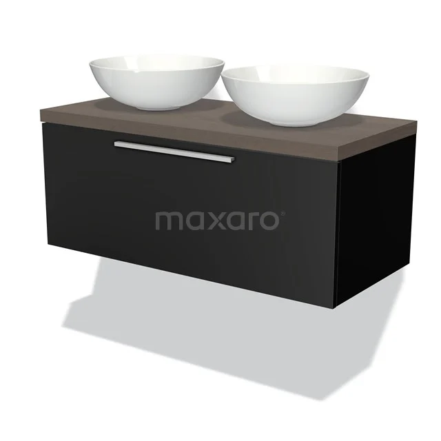 Schwarzer Badschrank mit Holzlook Platte, zwei weißen Aufsatzwaschbecken und schickem Haltegriff, ideal für moderne Badezimmergestaltung.