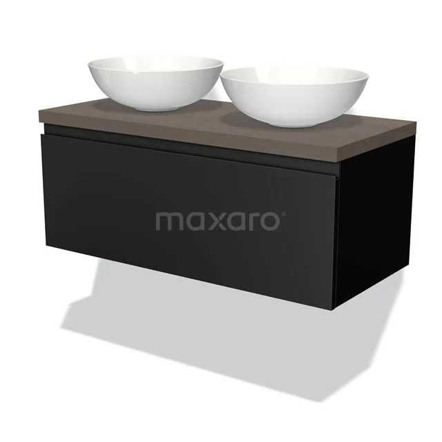 Zwevende Badmöbel mit schwarzer Eiche Schublade, einschließlich Holzlook Platte und doppelten weißen Aufsatzwaschbecken, modernes und stilvolles Design.