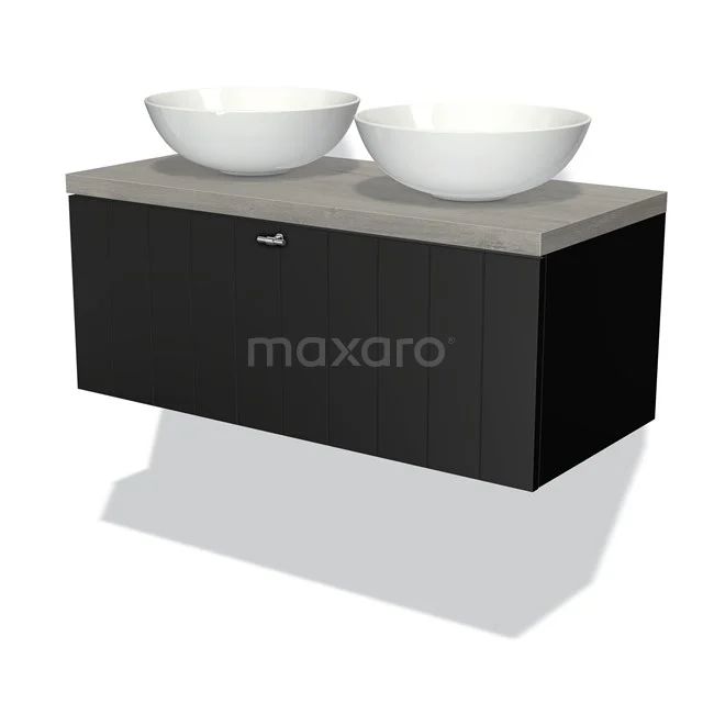 Black bathroom unit with double round basins, concrete-look worktop and sleek design; ideal storage solution for modern bathrooms.